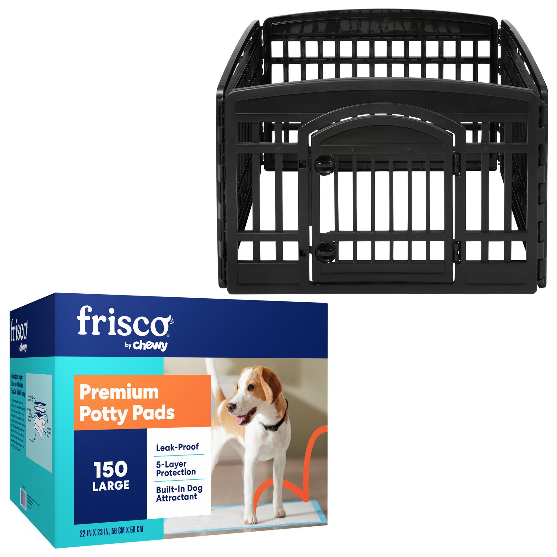 Frisco 4-Panel Plastic Exercise Playpen, Black + Dog Training & Potty Pads, 22 x 23-in, 150 count, Unscented
