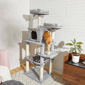 Frisco 64-in Cat Tree with Hammock, Condo, 2 Top Perches with Bed, Gray