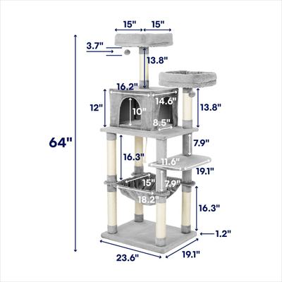 Show full view: Frisco 64-in Cat Tree with Hammock, Condo, 2 Top Perches with Bed, Gray slide 2 of 7