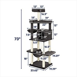 Frisco 73-in Cat Tree with Hammock, Condo, Lounge Basket, Top Perch & Bed, Dark Charcoal
