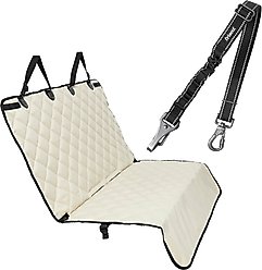 Frisco Adjustable Seatbelt Tether, Length 3-ft, Width: 1'', Reflective Black + Quilted Water Resistant Bench Car Seat Cover, Regular, Cream