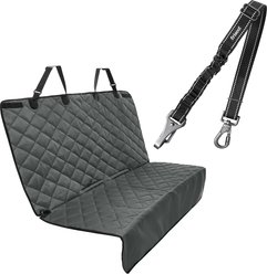Frisco Adjustable Seatbelt Tether, Length 3-ft, Width: 1'', Reflective Black + Quilted Water Resistant Bench Car Seat Cover, Regular, Gray