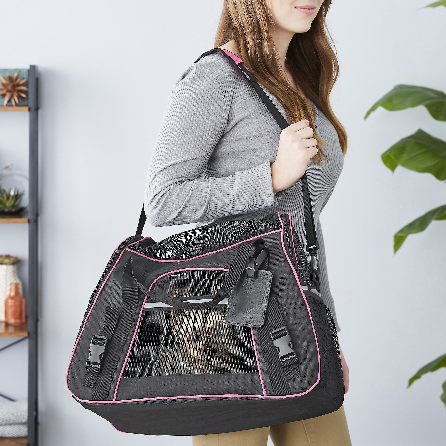 Frisco Frisco Basic Dog & Cat Carrier Bag, Black, Pink Trim, Small/Medium