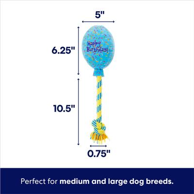 Show full view: Frisco Birthday Balloon Plush with Rope Squeaky Dog Toy, Blue, Medium/Large slide 2 of 6