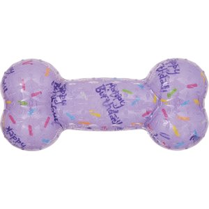 Frisco Birthday TPR Fetch Bone Squeaky Dog Toy, Purple, Medium/Large