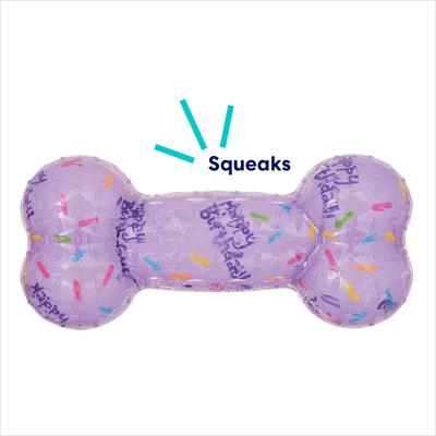 Show full view: Frisco Birthday TPR Fetch Bone Squeaky Dog Toy, Purple, Medium/Large slide 4 of 8