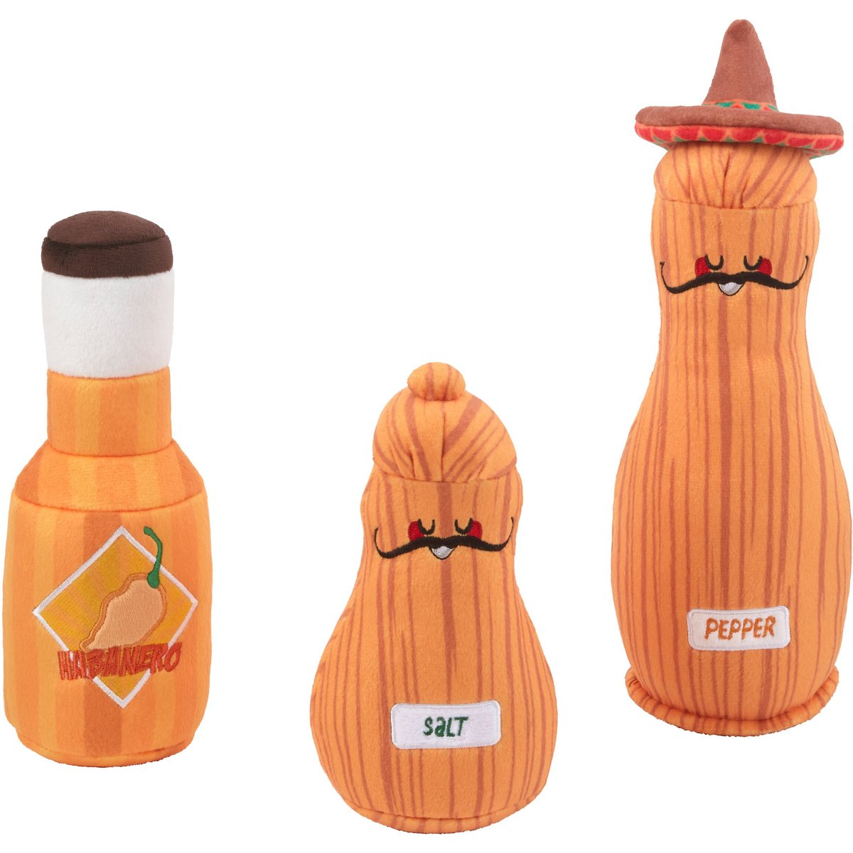 Frisco Brunch Salt, Pepper, Hot Sauce Plush Squeaky Dog Toy, 3 count