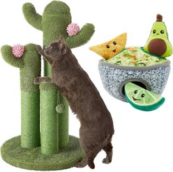 Frisco Cactus Cat Scratching Post, 33-in, Tri-post + Hide and Seek Plush Guacamole Dog Toy