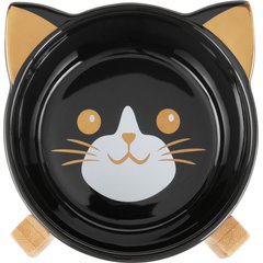 Frisco Cat Face Elevated Bamboo Non-Skid Ceramic Cat Bowl, Black, 1 Cup