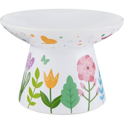 Frisco Frisco Cat Face Floral Wide Shape Elevated Non-Skid Ceramic Cat Bowl, White, Small: 1 cup