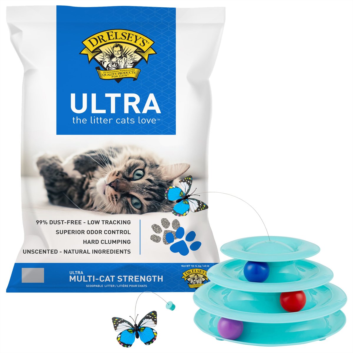 Frisco Cat Tracks Butterfly Toy + Dr. Elsey's Precious Cat Ultra Unscented Clumping Clay Cat Litter