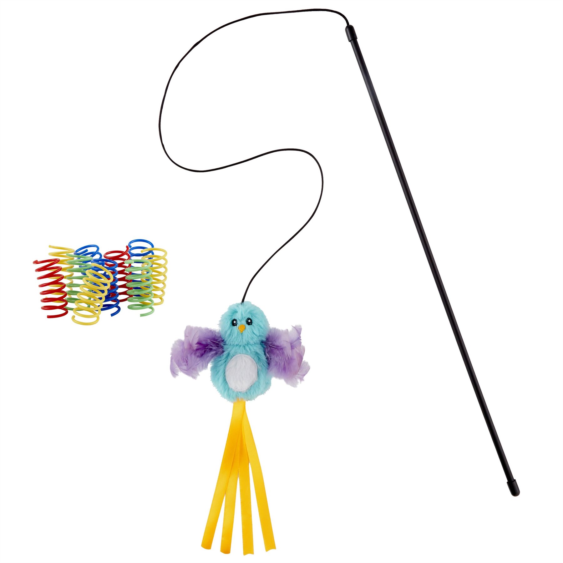 Frisco Colorful Springs, 10 count + Bird with Feathers Teaser Wand Cat Toy with Catnip