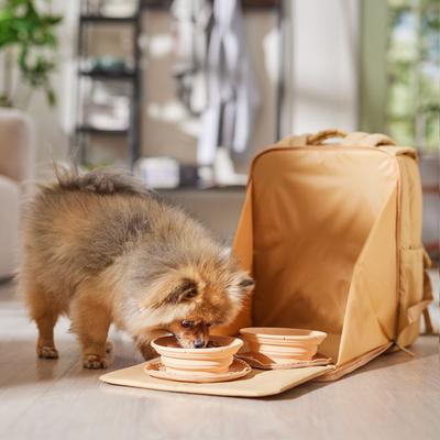 Show full view: Frisco Dog & Cat Backpack Travel Bag with Double Bowl and Food Storage, Beige slide 7 of 11