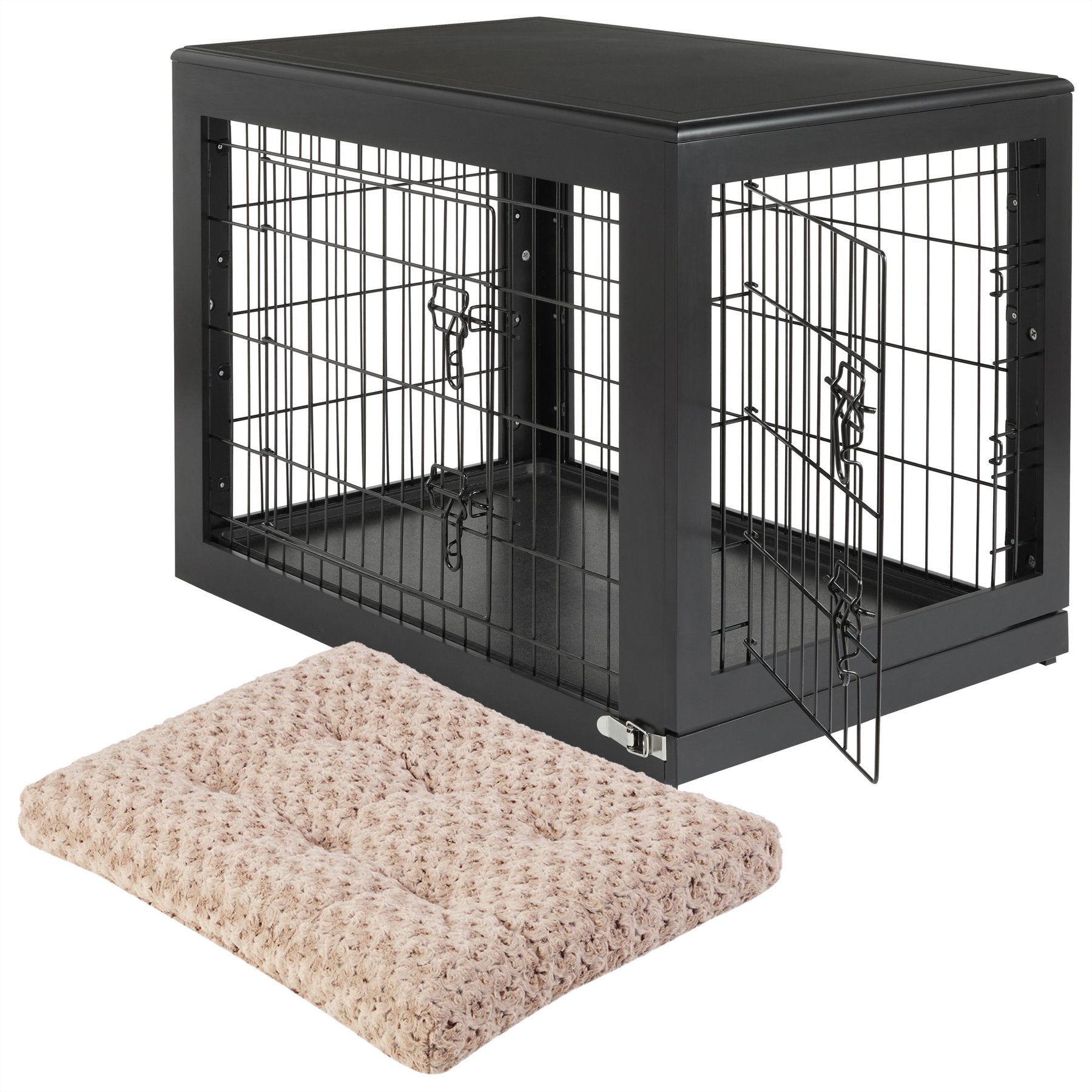 Frisco Double Door Furniture Style Crate, Black, Medium + Mocha Swirl Dog Crate Mat, 30-in