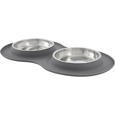 Frisco Frisco Double Stainless Steel Pet Bowl with Silicone Mat, Light Gray, 1.75 Cup Spill Proof