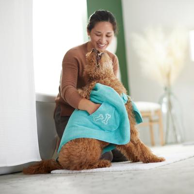 Show full view: Frisco Embroidered Pawprint Microfiber Dog Bath Cape Towel, Teal, Large slide 6 of 8
