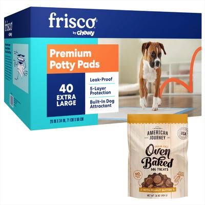Show full view: Frisco Extra Large Training & Potty Pads, 28 x 34-in, 40 count + American Journey Peanut Butter Recipe Dog Treats slide 1 of 9