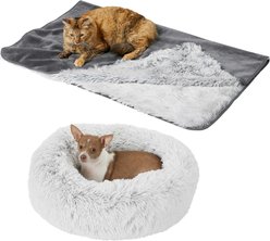 Frisco Eyelash Bolster Bed, Silver, Small + Cat & Dog Blanket, Silver