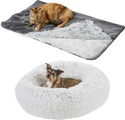 Frisco Eyelash Cat & Dog Bolster Bed + Blanket, Silver, Large
