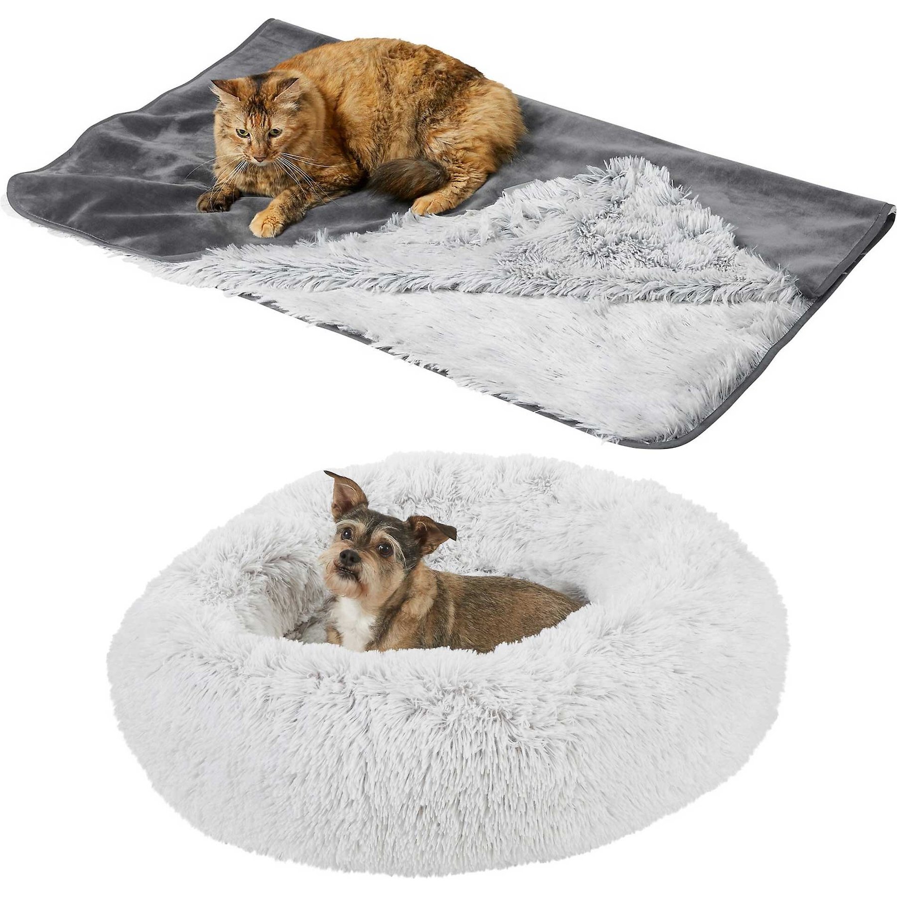 Frisco Eyelash Cat & Dog Bolster Bed + Blanket, Silver, Large