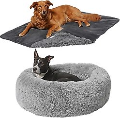 Frisco Eyelash Cat & Dog Bolster Bed + Blanket, Smoky Gray, Medium