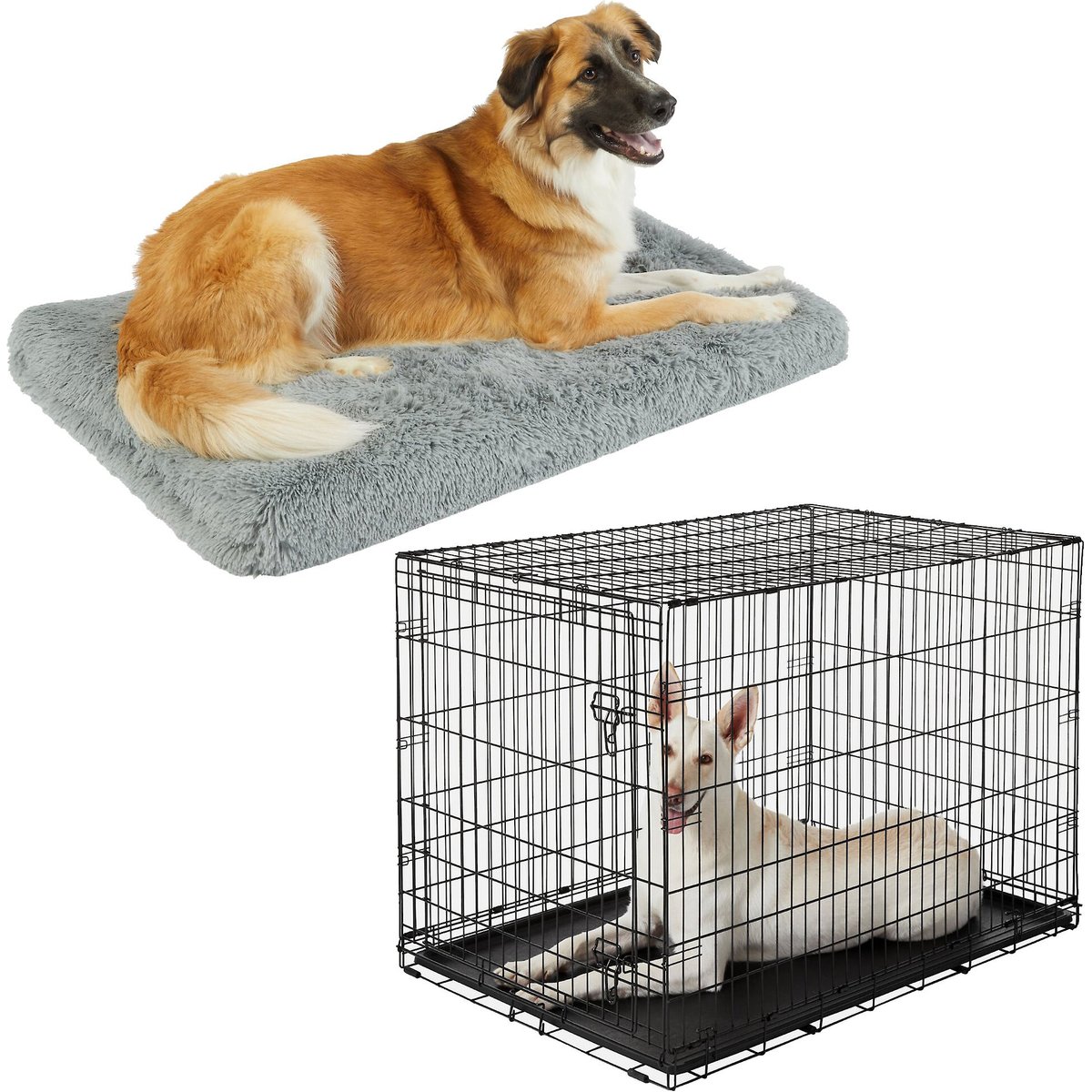 Frisco Eyelash Orthopedic Crate Mat, Smoky Gray, 48-in + Fold & Carry Single Door Collapsible Wire Dog Crate, 48 inch