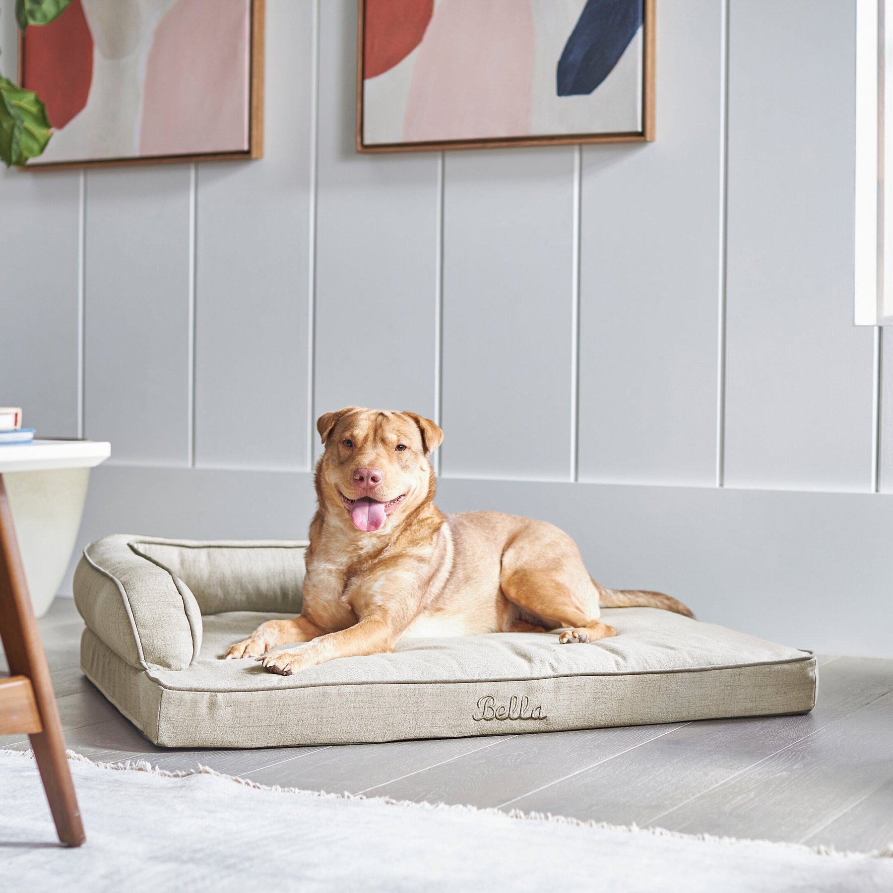Frisco Faux Linen Corner Personalized Bolster Dog Bed w/Removable Cover, Light Gray, X-Large