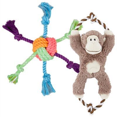 Frisco Frisco Fetch Colorful Ball Knot Rope + Monkey Plush with Rope Squeaky Dog Toy