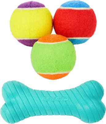 Show full view: Frisco Fetch Squeaking Colorful Tennis Ball, 3-Pack + Playology All Natural Dual Layer Bone Dog Toy, Large, Peanut Butter Scented slide 1 of 9
