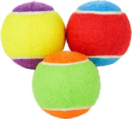 Show full view: Frisco Fetch Squeaking Colorful Tennis Ball, 3-Pack + Playology All Natural Dual Layer Bone Dog Toy, Large, Peanut Butter Scented slide 2 of 9