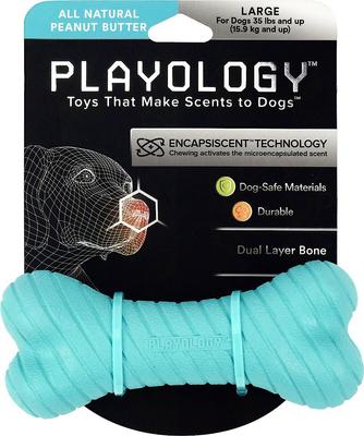 Show full view: Frisco Fetch Squeaking Colorful Tennis Ball, 3-Pack + Playology All Natural Dual Layer Bone Dog Toy, Large, Peanut Butter Scented slide 5 of 9