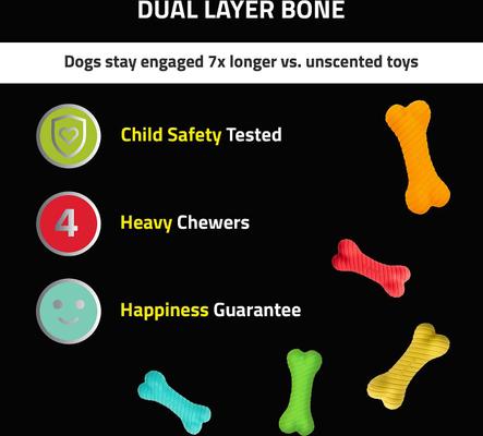 Show full view: Frisco Fetch Squeaking Colorful Tennis Ball, 3-Pack + Playology All Natural Dual Layer Bone Dog Toy, Large, Peanut Butter Scented slide 8 of 9