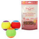 Frisco Fetch Squeaking Colorful Tennis Ball Dog Toy & True Acre Foods Salmon Recipe Mini-Training Rewards Grain-Free Soft & Chewy Dog Treats