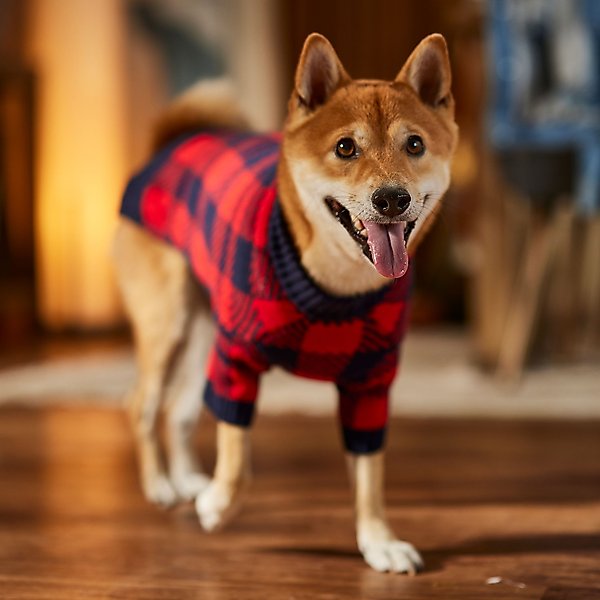 Show full view: Frisco Fleece Lined Buffalo Plaid Mock Neck Dog & Cat Sweater, Navy, Large slide 6 of 8