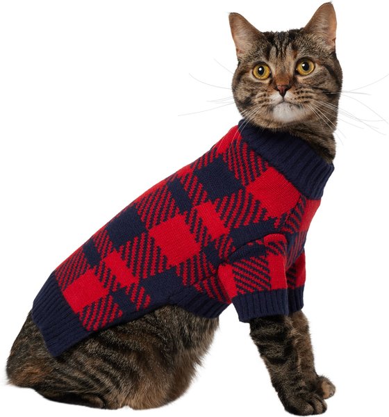 Show full view: Frisco Fleece Lined Buffalo Plaid Mock Neck Dog & Cat Sweater, Navy, Small slide 1 of 9