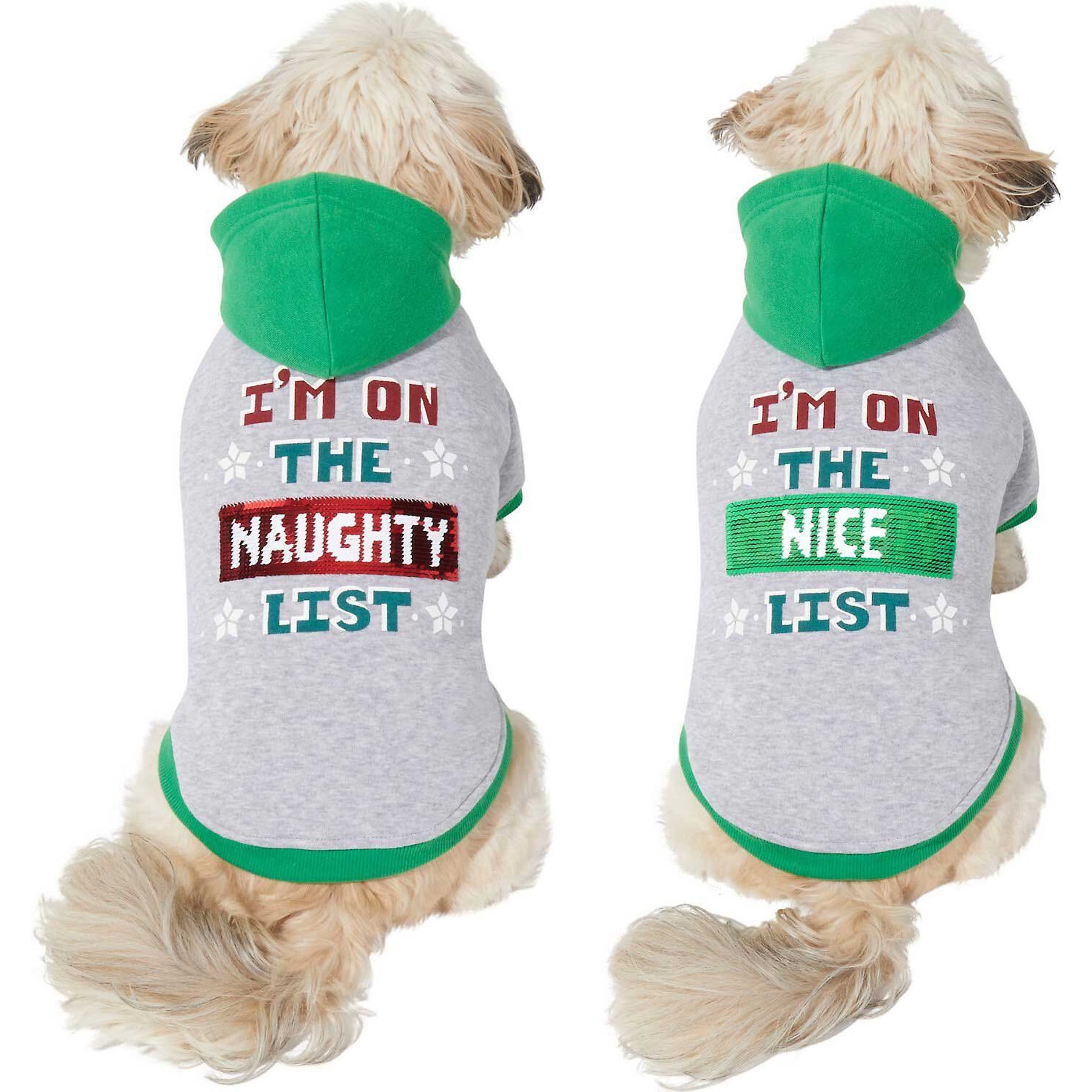 Frisco Flip Sequin Naughty/Nice List Dog & Cat Hoodie, Gray, Large