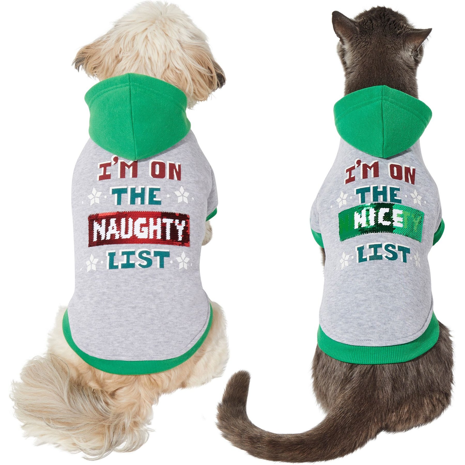 Frisco Flip Sequin Naughty/Nice List Dog & Cat Hoodie, Gray, Small