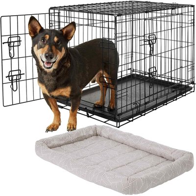 Frisco Frisco Fold & Carry Double Door Collapsible Wire Dog Crate, 30 inch & Frisco Gray Basket Weave Dog Crate Mat, 30-in