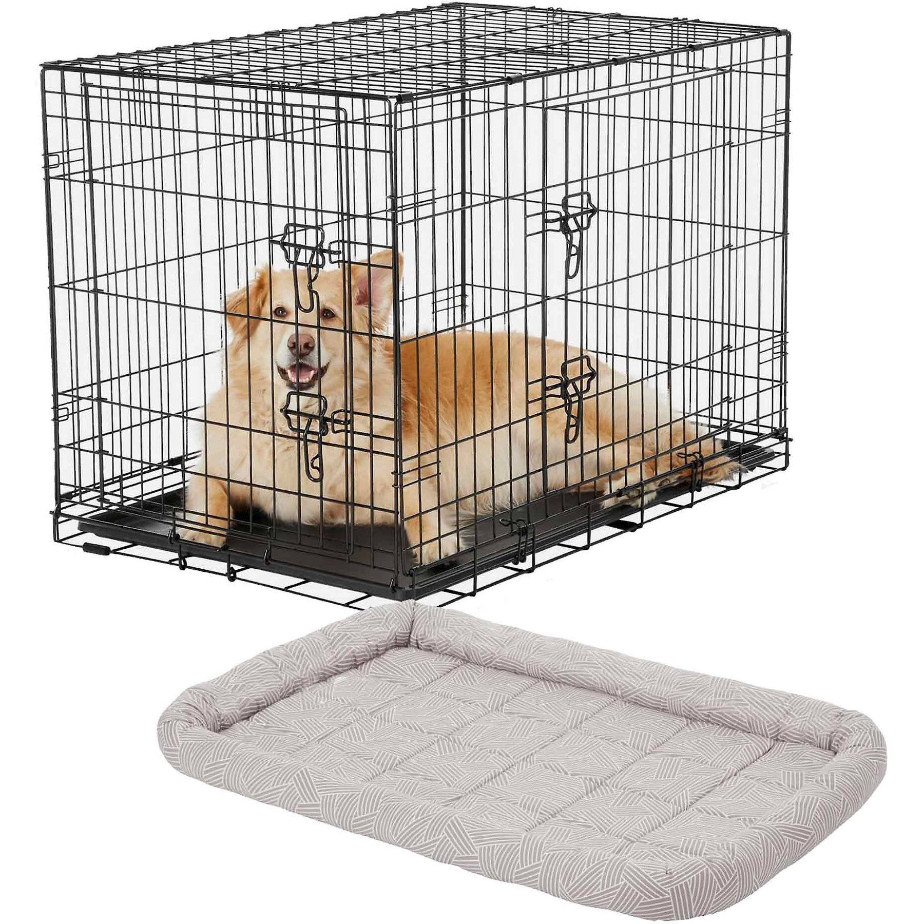 Frisco Fold & Carry Double Door Collapsible Wire Dog Crate, 36 inch & Frisco Gray Basket Weave Dog Crate Mat, 36-in