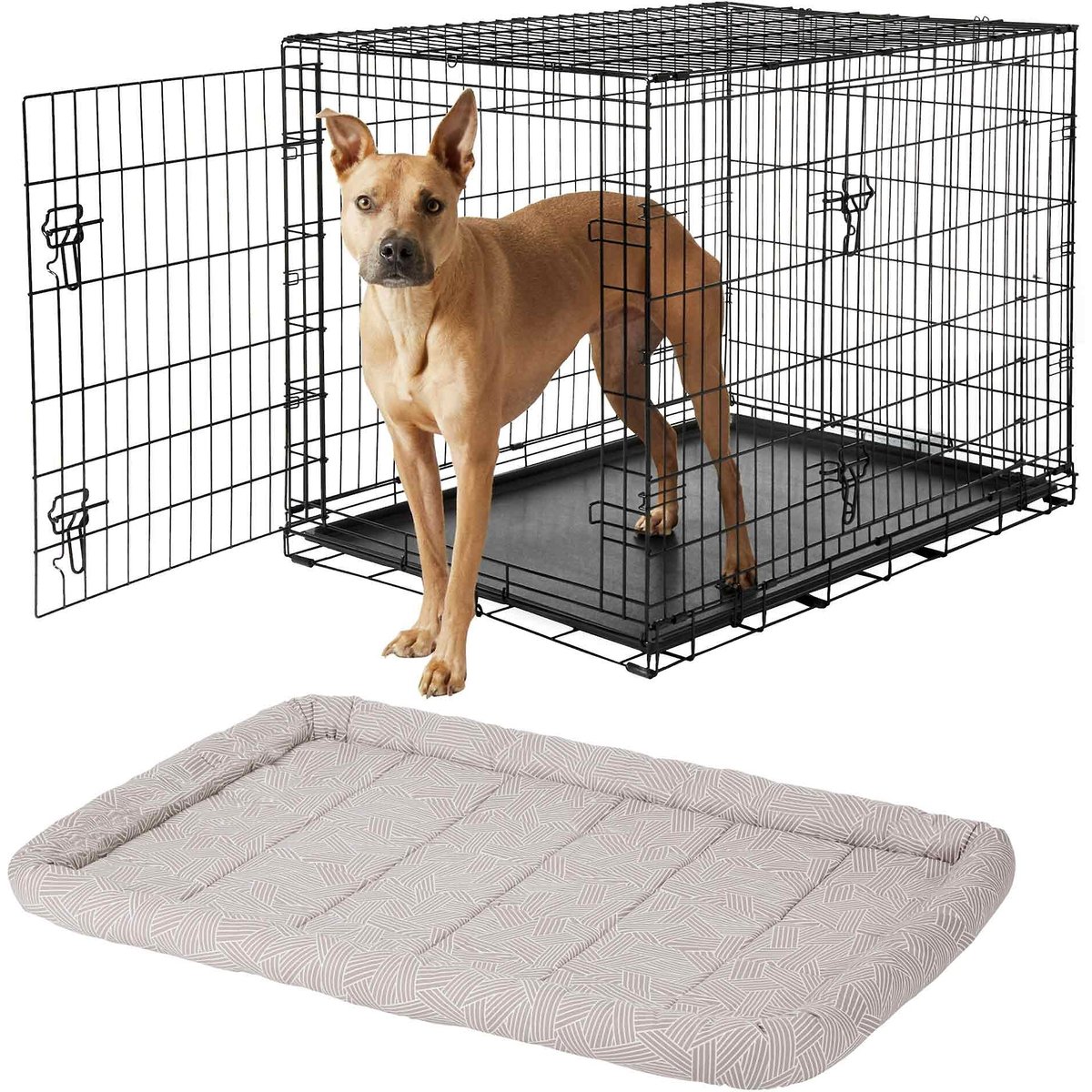 Frisco Fold & Carry Double Door Collapsible Wire Dog Crate, 42 inch & Frisco Gray Basket Weave Dog Crate Mat, 42-in