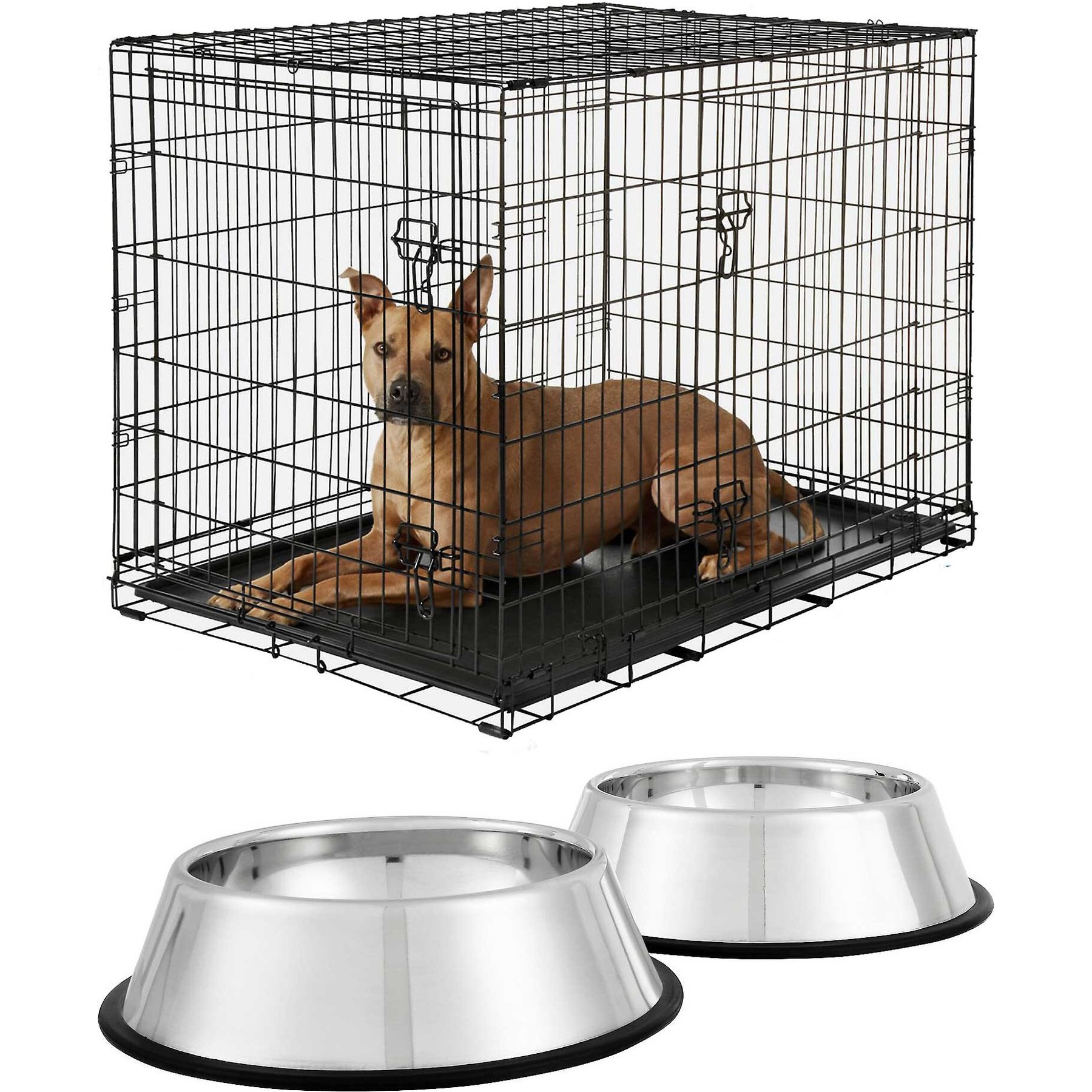 Frisco Fold & Carry Double Door Collapsible Wire Dog Crate & Mat Kit, 42 inch + Stainless Steel Bowl, 4.75-cup, 2 count