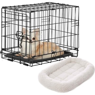Frisco Frisco Fold & Carry Single Door Collapsible Wire Dog Crate, 18 inch & Frisco Quilted Dog Crate Mat, Ivory, 18-in