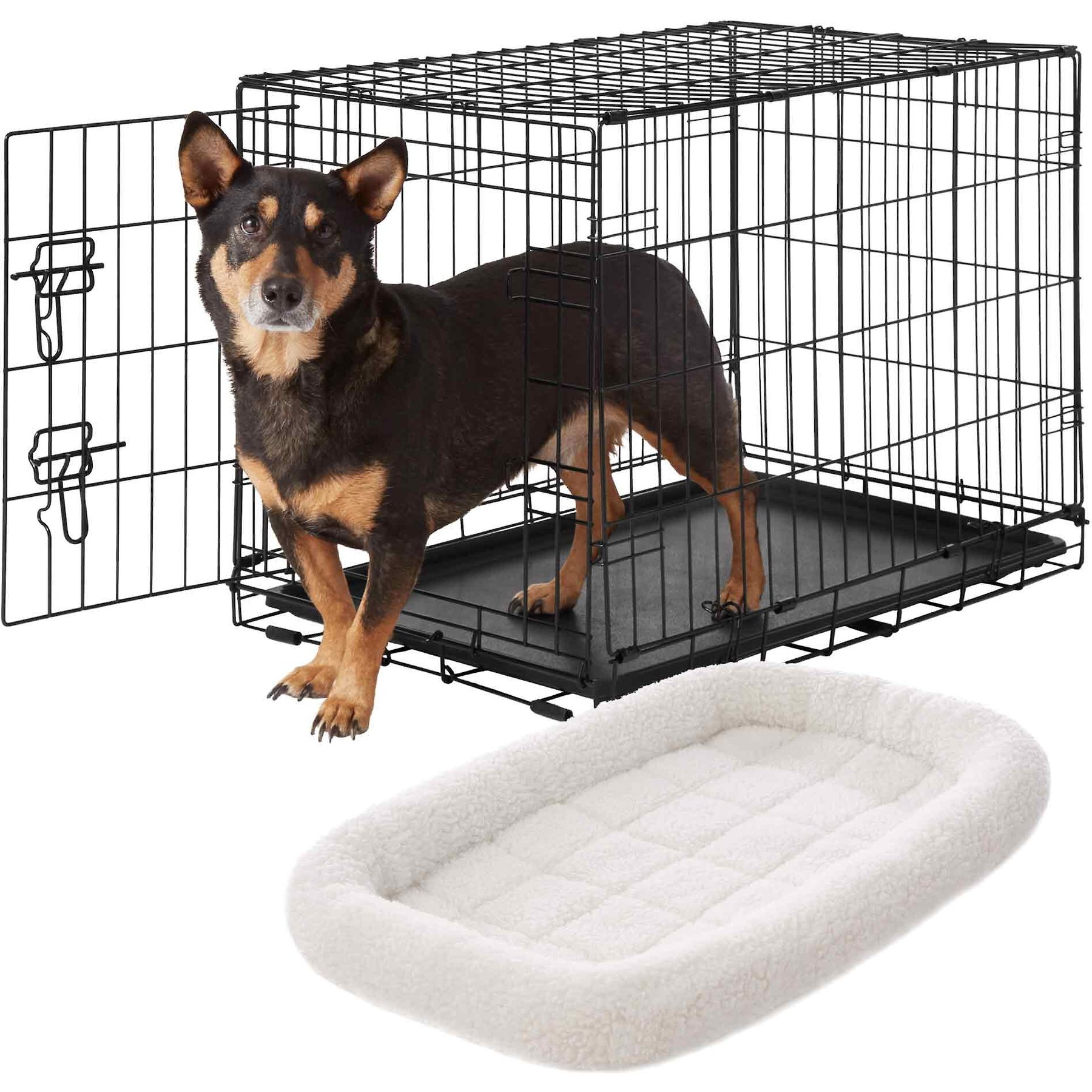 Frisco Fold & Carry Single Door Collapsible Wire Dog Crate, 30 inch & Frisco Quilted Dog Crate Mat, Ivory, 30-in
