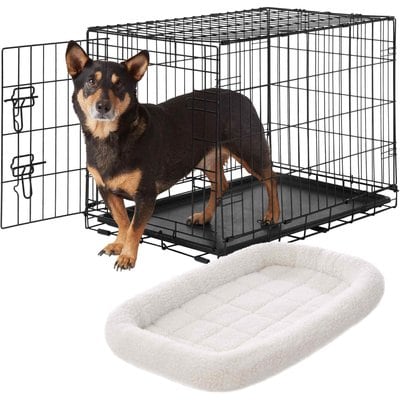 Frisco Frisco Fold & Carry Single Door Collapsible Wire Dog Crate, 30 inch & Frisco Quilted Dog Crate Mat, Ivory, 30-in