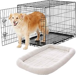 Frisco Fold & Carry Single Door Collapsible Wire Dog Crate, 36 inch & Frisco Quilted Dog Crate Mat, Ivory, 36-in