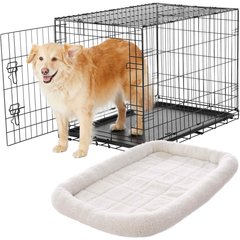 Frisco Fold & Carry Single Door Collapsible Wire Dog Crate, 36 inch & Frisco Quilted Dog Crate Mat, Ivory, 36-in
