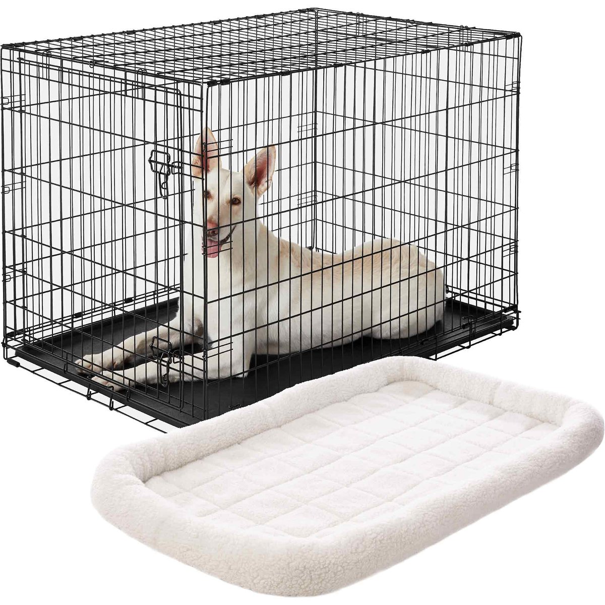 Frisco Fold & Carry Single Door Collapsible Wire Dog Crate, 48 inch & Frisco Quilted Dog Crate Mat, Ivory, 48-in