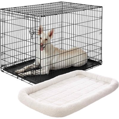 Frisco Frisco Fold & Carry Single Door Collapsible Wire Dog Crate, 48 inch & Frisco Quilted Dog Crate Mat, Ivory, 48-in