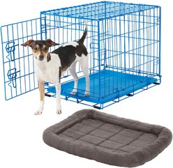 Frisco Fold & Carry Single Door Collapsible Wire Dog Crate, Blue, 24 inch & Frisco Quilted Plush Dog Crate Mat, Gray, 24-in