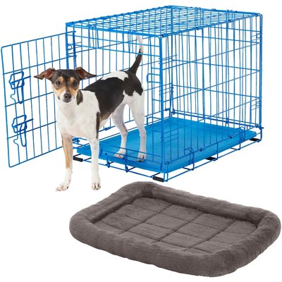 Frisco Frisco Fold & Carry Single Door Collapsible Wire Dog Crate, Blue, 24 inch & Frisco Quilted Plush Dog Crate Mat, Gray, 24-in